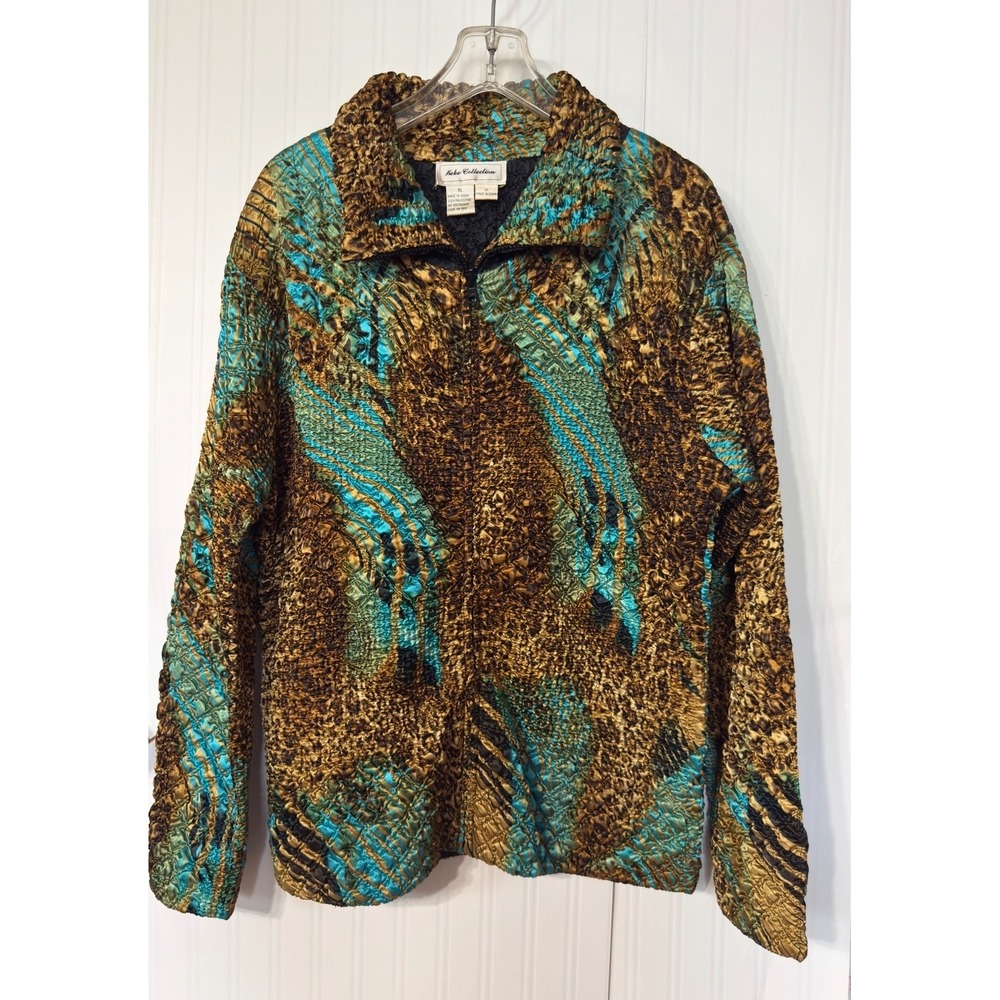 Keke Collection Womens XL Zip Front Popcorn Crinkle Jacket Animal Abstract Print